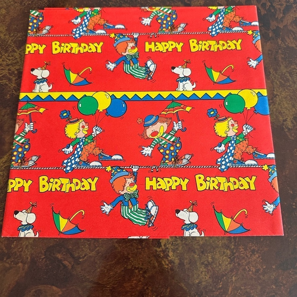 Vintage 70s Red and Yellow Clown Party Happy Birthday Wrapping Paper Sheet